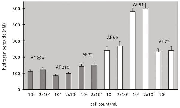 Fig. 3: H2O2 production of several strains of Aspergillus fumigatus with 3 hr incubation time at 37°C. The last three strains are resistant against antifungal agents.