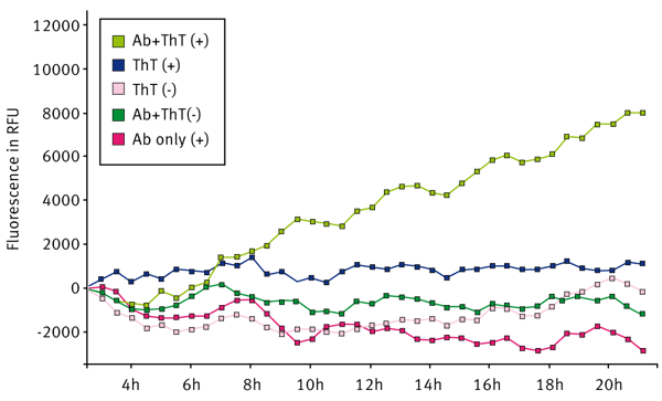 Fig. 1: Kinetic plot showing the effect of Teflon beads on aggregation promotion of an antibody; (+) indicates presence of bead; (-) indicates the absence of bead. ThT=Thioflavin T. (Range set from cycle 4-40 to normalize for initial equilibration factors. Data presented as baseline corrected.)