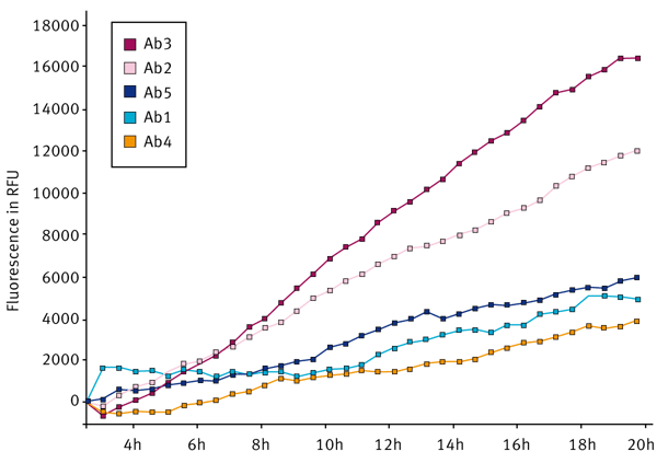 Fig. 2: Effect of shaking on the aggregation propensity of different antibody molecules in the presence of a Teflon bead (in situ ThT).