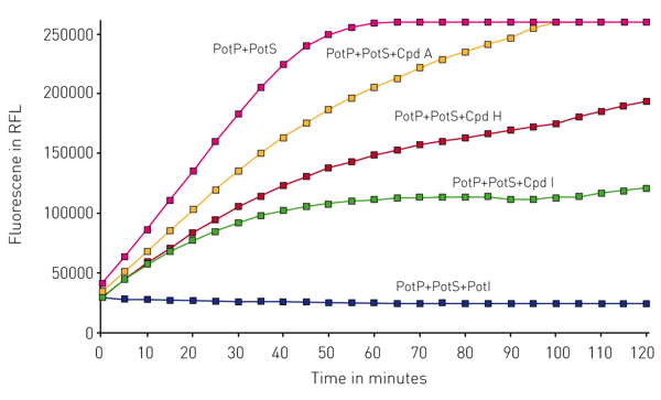 Fig. 1: Kinetic curves obtained from the M1/M17 fluorescent assay. Figure is directly taken from the MARS data analysis software.