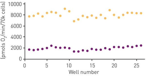 Fig. 4: OCR Z-prime data. Baseline OCR data from vehicle (yellow) treated HepG2 cells was compared with the OCR data from the same cells following injection of 10 μg/mL oligomycin (purple).