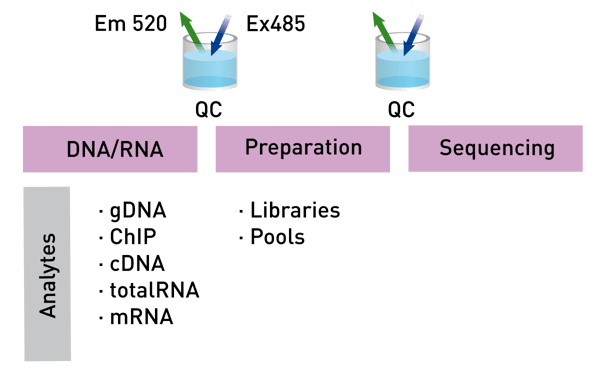 Fig. 1: Quality management in NGS workﬂows using ﬂuorometric nucleic acid quantiﬁcation. Fluorometric quantiﬁcation gates samples between different steps of the workﬂow (analytes: gDNA: genomic DNA, ChIP: Chromatin immunoprecipitation, cDNA: complementary DNA, mRNA: messenger RNA, QC: quality control).