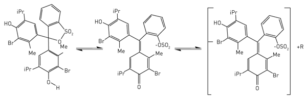 Fig. 1: Transitions between forms of bromothymol blue. Structure of the neutral (yellow) form and basic (blue) form are depicted.