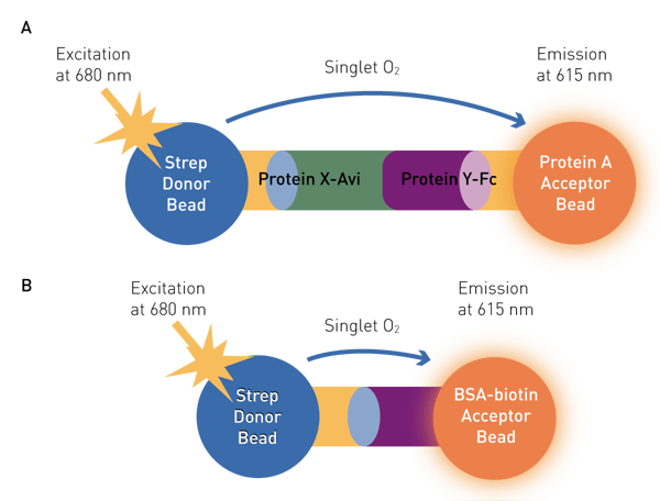 Fig. 1: Assay Principles for approaches used A) PPI AlphaLISA Assay Principle B) Tru-Hits counter-screen principle
