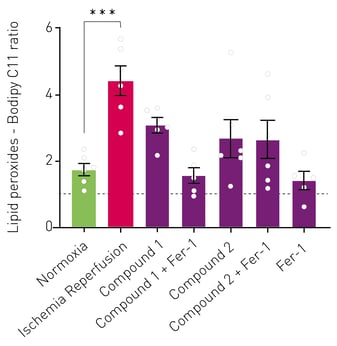 Fig. 4: Lipid peroxidation detection using Bodipy 581/591 C-11 in normoxia and ischemia-reperfusion models. N=6. Mean with SEM. n=3. One-way ANOVA with Dunnett’s test for multiple comparisons. *** P value = 0.0002