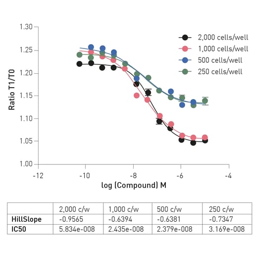 Fig. 2: Optimization of assay cell number. The indicated number of cells were treated with varying concentrations of compound and thallium efflux determined by the Tf/T0 ratio produced by readings on the PHERAstar FSX after 5 minutes incubation time. 