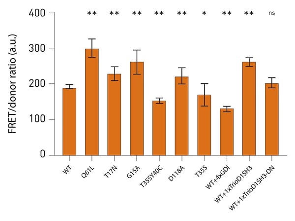 Fig. 3: FRET responses determined from spectral scan results. Results from 10 total technical replicates spanning 3 different biological replicates are shown. Average +/- SD (n=3; ** p<0.01; * p<0.05; “ns” not signiﬁcant, paired Student t-test, all compared against the WT condition) of the value at 721 nm based on spectral scan measurements.
