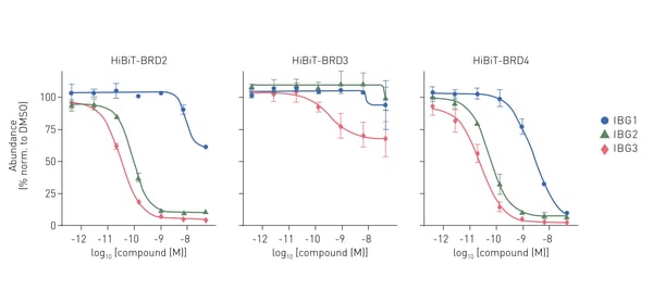 Fig.6 HiBiT degradation assay. HEK293 HiBiT knock-in cells were treated with molecular glue degraders IBG1, IBG2 or IBG3 for 5 h and levels of BRD2-, BRD3- and BRD4-HiBiT proteins were quantified via HiBiT lytic detection system. Data, n = 3 independent experiments, mean +/− S.D. 4