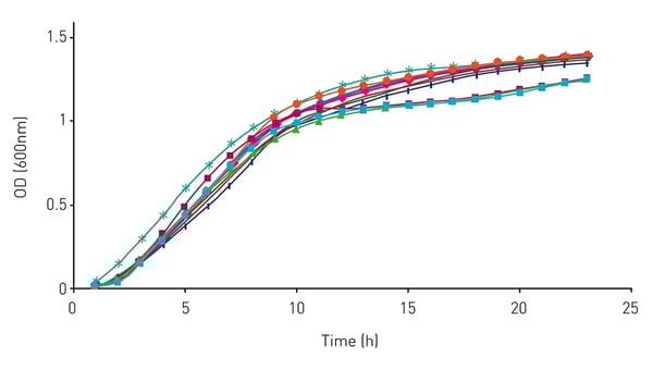 Fig.9: Batch growth curve of V. fischeri strains grown in LBS and SWT with and without addition of 10 mM 3-oxo-C6-HSL.
