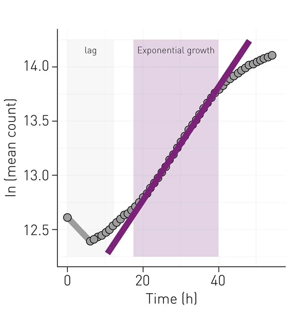 Fig. 2: Estimation of cell count for metabolic flux analysis. Growth curve of MCF10A cells showing a distinct lag phase (grey box) and an exponential growth phase (purple box and purple line). Cell count is a good endpoint for cell proliferation measurements. Source: Open Access Creative Commons CC-BY-NC-ND license. 4