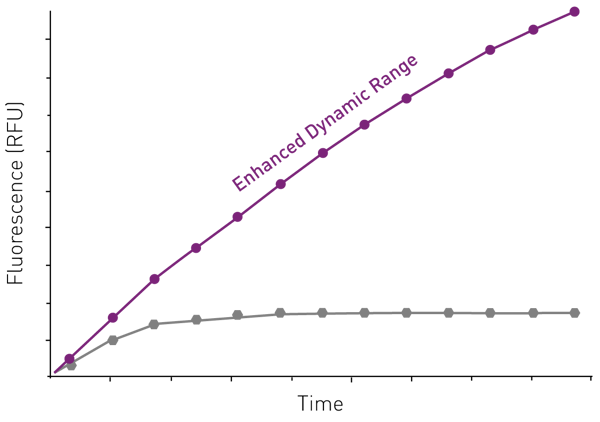 Fig. 3: schematic of a kinetic assay detected with a fixed gain (grey line) or with EDR (purple line). Depending on the signal build-up during the kinetic reaction, the assay can easily saturate the detector. With 8 concentration decades dynamic range, EDR significantly decreases this issue.
