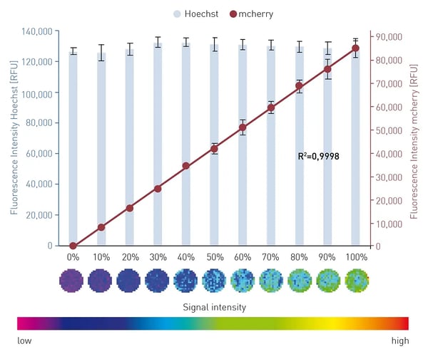 Fig.2: Linear relationship of percentage of GFP+/mcherry+-HeLas (= transfection efficiency) and obtained mcherry signal with matrix scan. Error bars refer to 8 replicates. Matrix scan example shown for one well each.