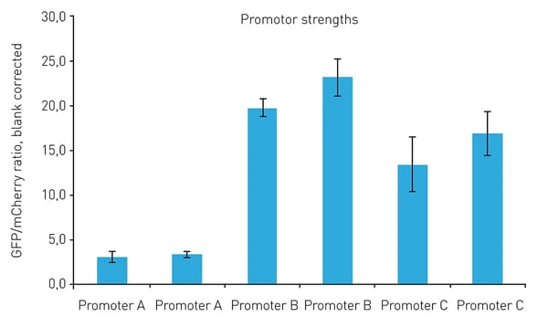 Fig.7:  GFP/mCherry ratio of transiently transfected protoplasts. Error bars show the standard deviation of technical replicates.