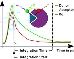 Fig. 1: Schematic of the TR-FRET technology. Donor (green) transfers energy to the acceptor (red) that emits light. Both signals have a longer lifetime than the unspecific <a href=