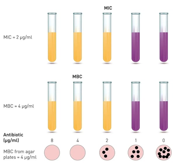 Fig.3: Broth dilution method for measuring the minimum inhibitory concentration of antimicrobial agents and agar plating to determine minimum bactericidal concentrations. Killing bacteria requires a higher concentration of an antimicrobial agent compared with inhibiting their growth. The MBC is the lowest concentration of antimicrobial agent that kills 99.9% of the bacteria on an agar plate in a given time period.