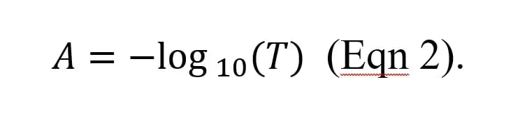 Equation 2: relationship between absorbance and transmission