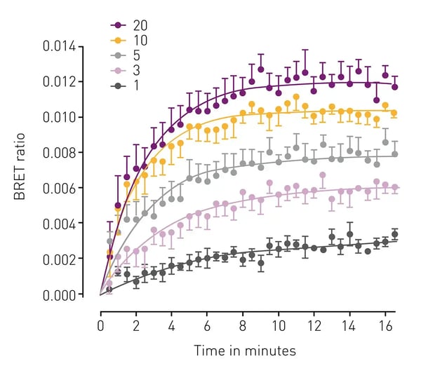 Fig. 7: Ligand binding kinetics of VEGF165a-TMR to NLuc-VEGFR2 in HEK293 cells. Furimazine was added to each well and after 5 min of equilibration the reaction was started by adding VEGF165a-TMR at the indicated concentration (in nM).