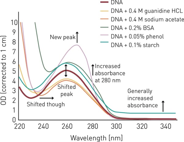 Fig. 5: Absorbance spectra of DNA samples, pure or with potential contaminants, blank corrected.