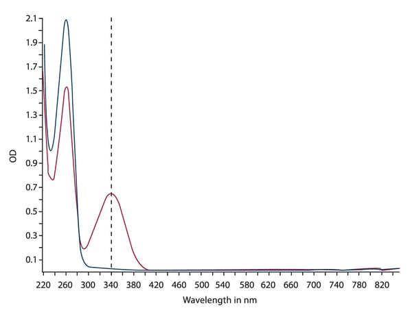 Fig.7: Absorbance spectra of NAD+ (blue line) and NADH (red line).