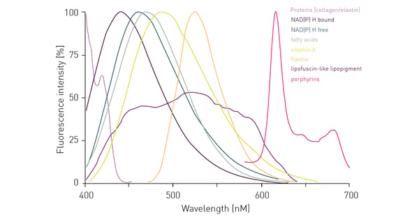 Fig. 4:  Fluorescence emission spectra of intracellular components contributing to cellular autoﬂuorescence.