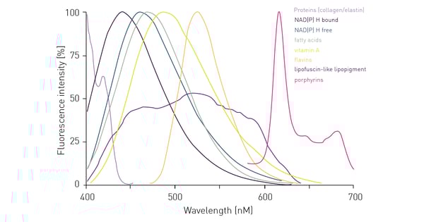 Fig. 4:  Fluorescence emission spectra of intracellular components contributing to cellular autoﬂuorescence.