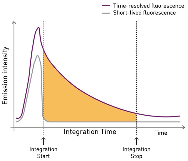 Fig. 3: Different decay curves in ﬂuorescence: short-lived ﬂuorescence intensity and time-resolved ﬂuorescence (TRF) place different demands on the integration time.