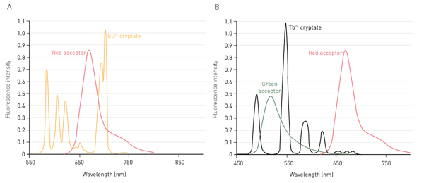 Fig. 6: combination of HTRF donor and acceptor emission spectra. A) Emission spectra of the europium cryptate and its red acceptor. B) Emission spectra of the Terbium cryptate and its red and green acceptors.