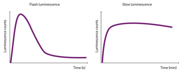 Fig. 2: Comparison between flash and glow luminescence. Left: flash luminescence assays typically have a strong intensity peak that decays within seconds. Right: glow luminescence assays emit stable signals for minutes/hours.