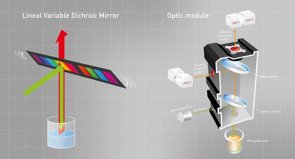 Fig. 1: Dichroic mirrors reflect part of the light and only transmit emission light of specific wavelengths. BMG LABTECH’s monochromator-based microplate readers use linear variable dichroic mirrors, while the Optic Modules, used with the PHERAstar FSX contain fixed dichroic mirrors to suit the requirements of a particular assay.