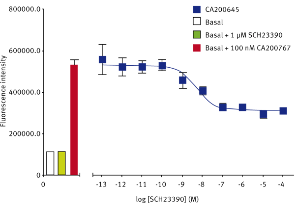 Fig. 3: Fluorescent ligand binding at human dopamine D1 receptors, and displacement with the unlabelled D1-selective competitor SCH23390.