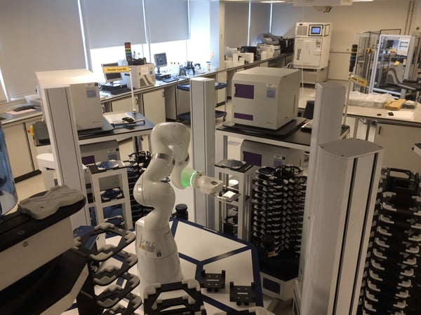 Fig. 5: 4 PHERAstar FSX plate readers integrated in a HighRes Biosolutions modular robotic workstation at AstraZeneca UK.