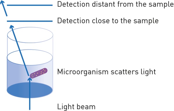 Fig. 3: Different detection instruments give different results. Illustrated is the influence of detector position: detectors of the same size placed closer to the sample detect scattering while no signal is detected further away.