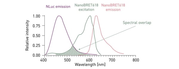 Fig. 5: Spectra of NanoBRET donor and acceptor. Compared to BRET, the spectral overlap (dashed area) is much reduced.