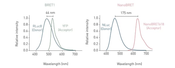 Fig. 7: Comparison of the spectral separation of the BRET1 and NanoBRET setups. NanoBRET´s larger separation significantly decreases background noise.