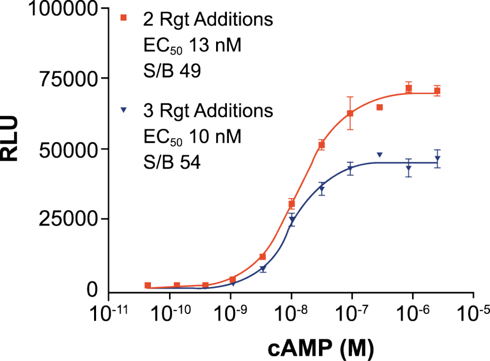 Fig. 2: Standard curve data for HitHunter cAMP+ run in the two and three reagent addition protocol in 384-well plate format.