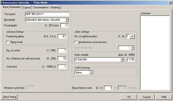 Fig. 2: ADP Hunter assay setup window from the PHERAstar FS, an optical module for the ADP Hunter is directly available from BMG LABTECH.