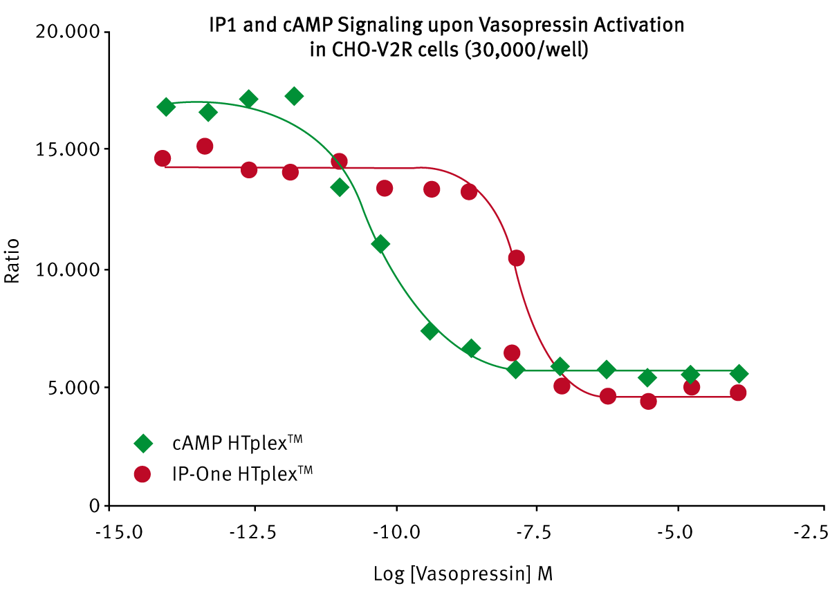 Fig. 3: GPCR signaling in CHO-V2R cells was measured via cAMP (green) and IP1 (red) responses upon a dose dependent activation of vasopressin.