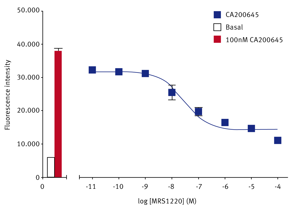 Fig. 1: Fluorescent ligand binding at human adenosine A3 receptors, and displacement with the unlabelled A3 selective competitor MRS1220.