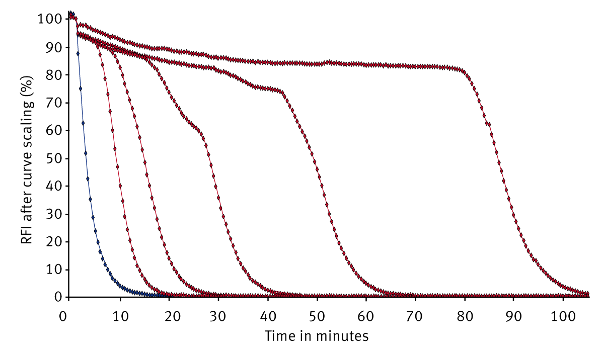 Fig. 2: Signal curves for different Trolox concentrations (red graphs) and a blank without Trolox (blue graph) recorded on the PHERAstar FS in 384-well format. The curves were normalized to 100 %. The 100 % value is the maximum value that is obtained directly after injection of AAPH.