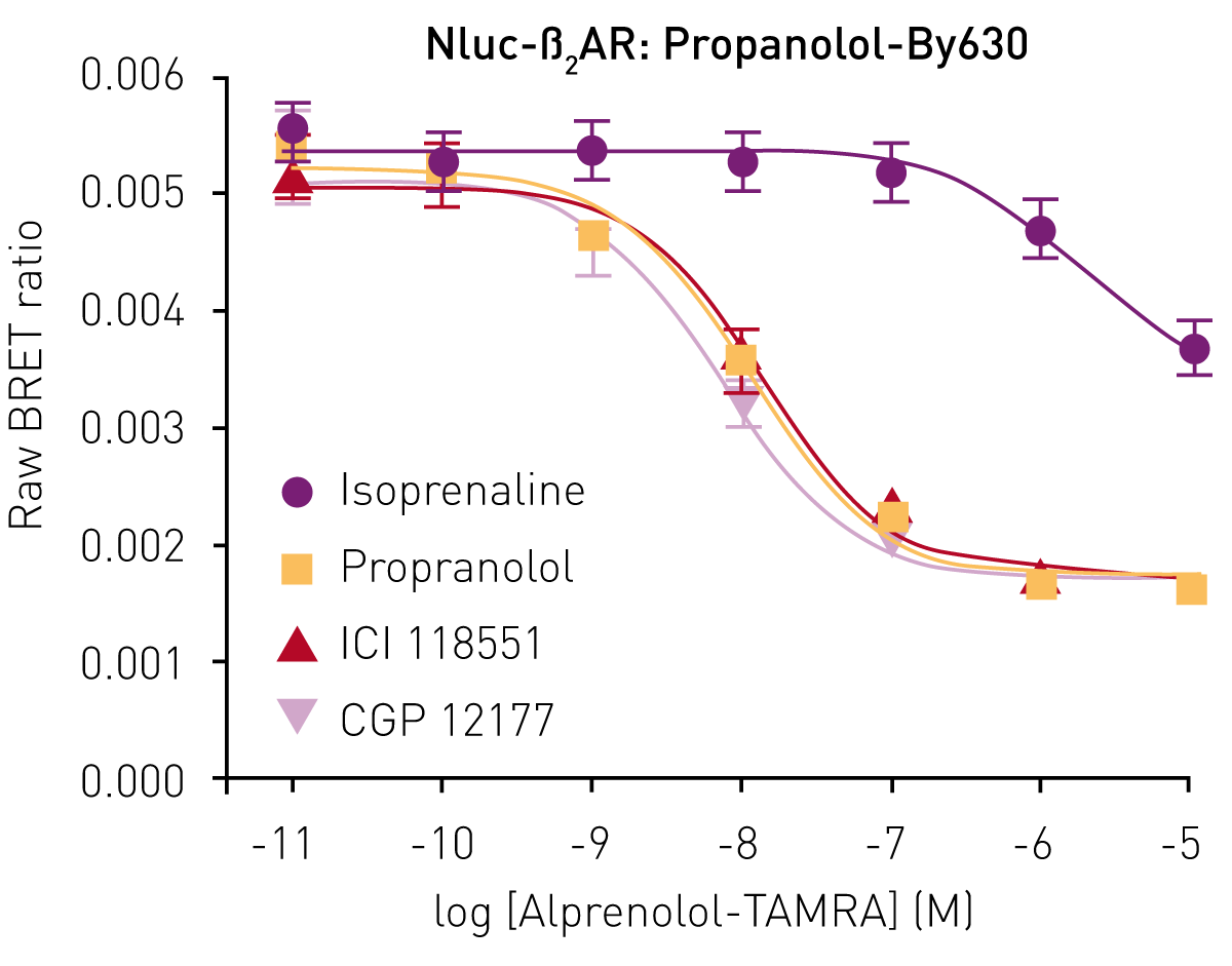 Fig. 4: Competitive binding experiments of propranolol-BY630 with increasing concentrations of known unlabelled ß2AR ligands. Data previously published in Stoddart et al.3