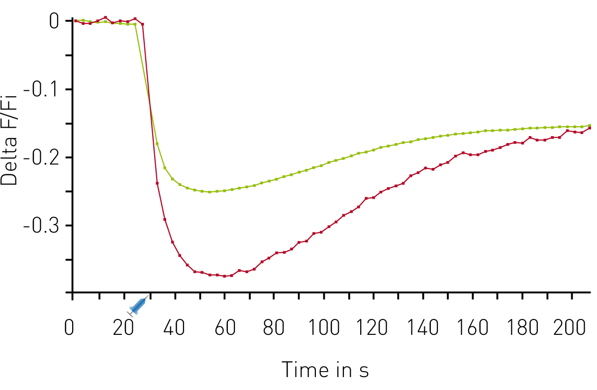 Fig. 5: Multiplexed DAG and PIP2 kinetics. Traces depict average response to 30 µM Carbachol (n=18). Red DAG (red), green PIP2 (green). On board reagent injectors dispensed 50 µl of Carbachol after 30 seconds as indicated.