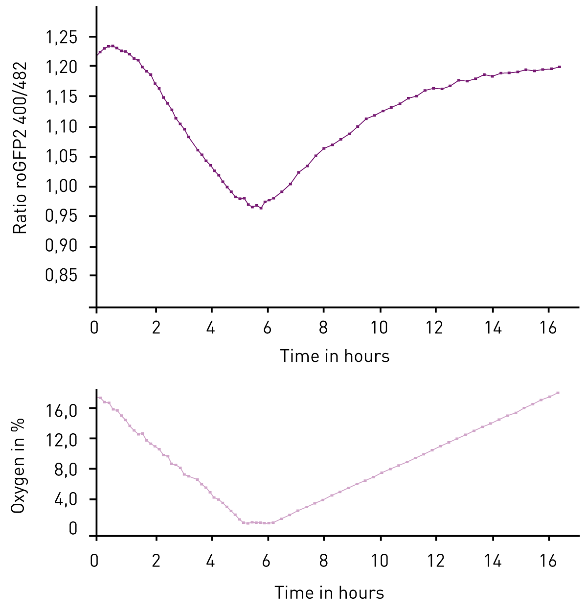 Fig. 2: The inﬂuence of oxygen availability on the redox state of a mitochondrial peroxiredoxin-based probe. Oxygen pressure modulates the redox state of a genomic-integrated Mito-roGFP2-Tsa2∆CR probe. roGFP2 oxidation is represented by 400nm/480nm ratio and indicative of H2O2 generation.