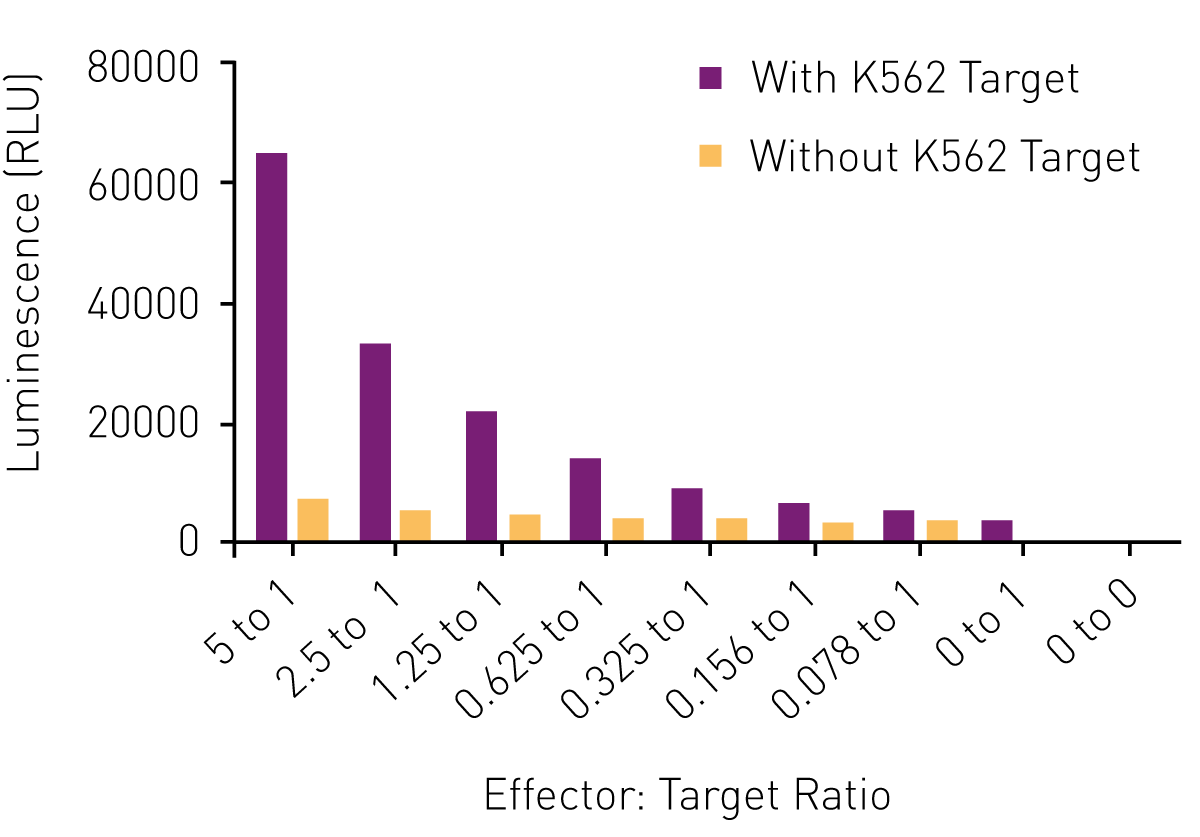 Fig. 4: Natural Killer Activity Assay. The RealTime-Glo Annexin V Apoptosis Assay result indicate a signiﬁcant killing capability even at low effector: target ratio, but a clear enhancement as the ratio increases.