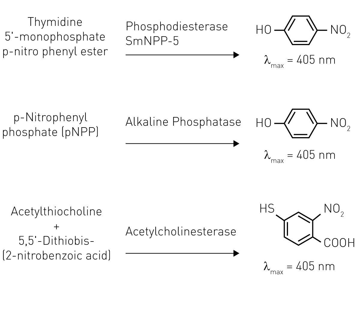 Fig. 1: Substrates and respective products for the three enzyme assessed in this study.