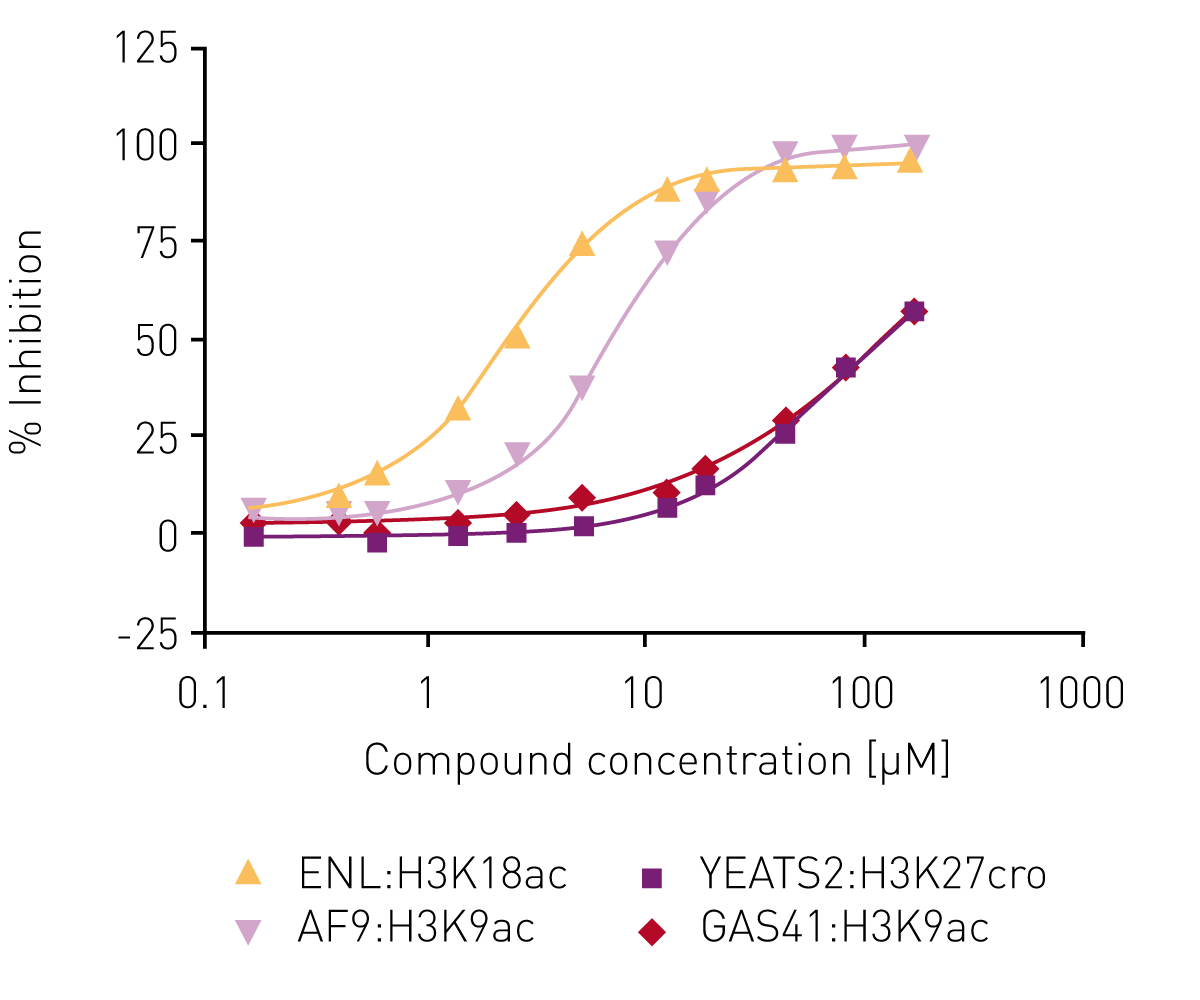 Fig. 4: Dose response curves and IC50 values for the most potent and selective hit from the library screen and all four human YEATS domains.