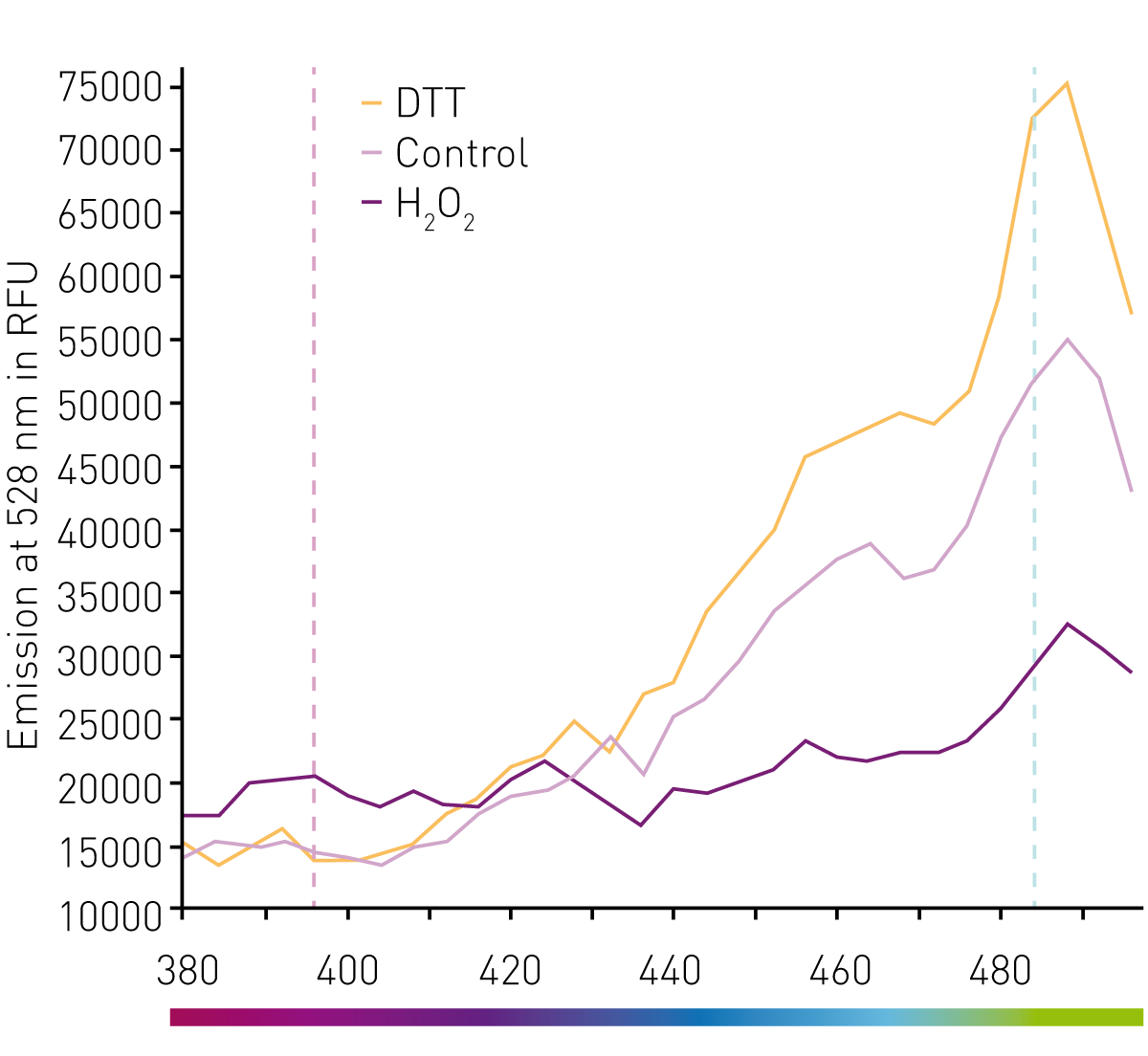 Fig. 2: The redox sensor Grx-roGFP3: When reduced by DTT (organe), ﬂuorescence of Grx-roGFP3 increases when excited at 485nm and decreases when excited at 395nm. Oxidation by H2O2 (dark purple) reverses the situation. Light purple line shows unperturbed cells.