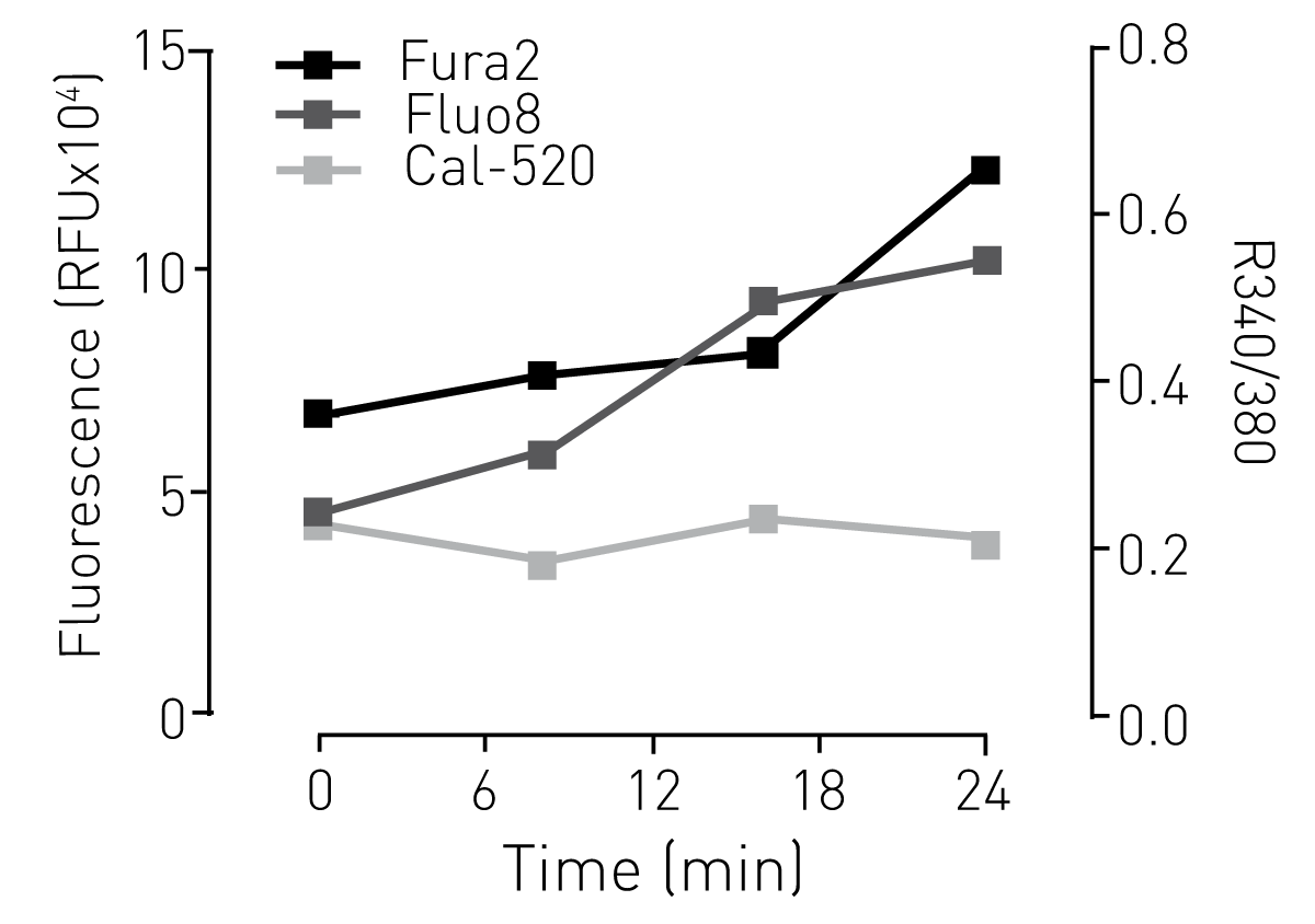 Fig. 3: Increases in baseline ﬂuorescence or R340/380 over time in well kinetic mode.