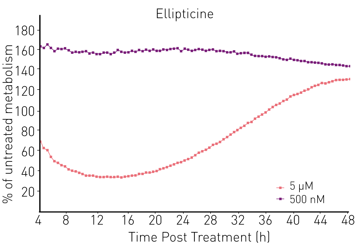Fig. 3: Kinetic luminescence monitoring of autobioluminescent HEK293 cells challenged with ellipticine reveals the timing of drug metabolism and the resulting effects on metabolic activity. At low doses (purple), ellipticine increases metabolic activity by uncoupling oxidative phosphorylation. At high doses (red), it induces cytotoxicity by depleting ATP availability. As ellipticine is metabolized, the bioavailable dose transitions from high to low, resulting in dynamic metabolic effects (n = 3).