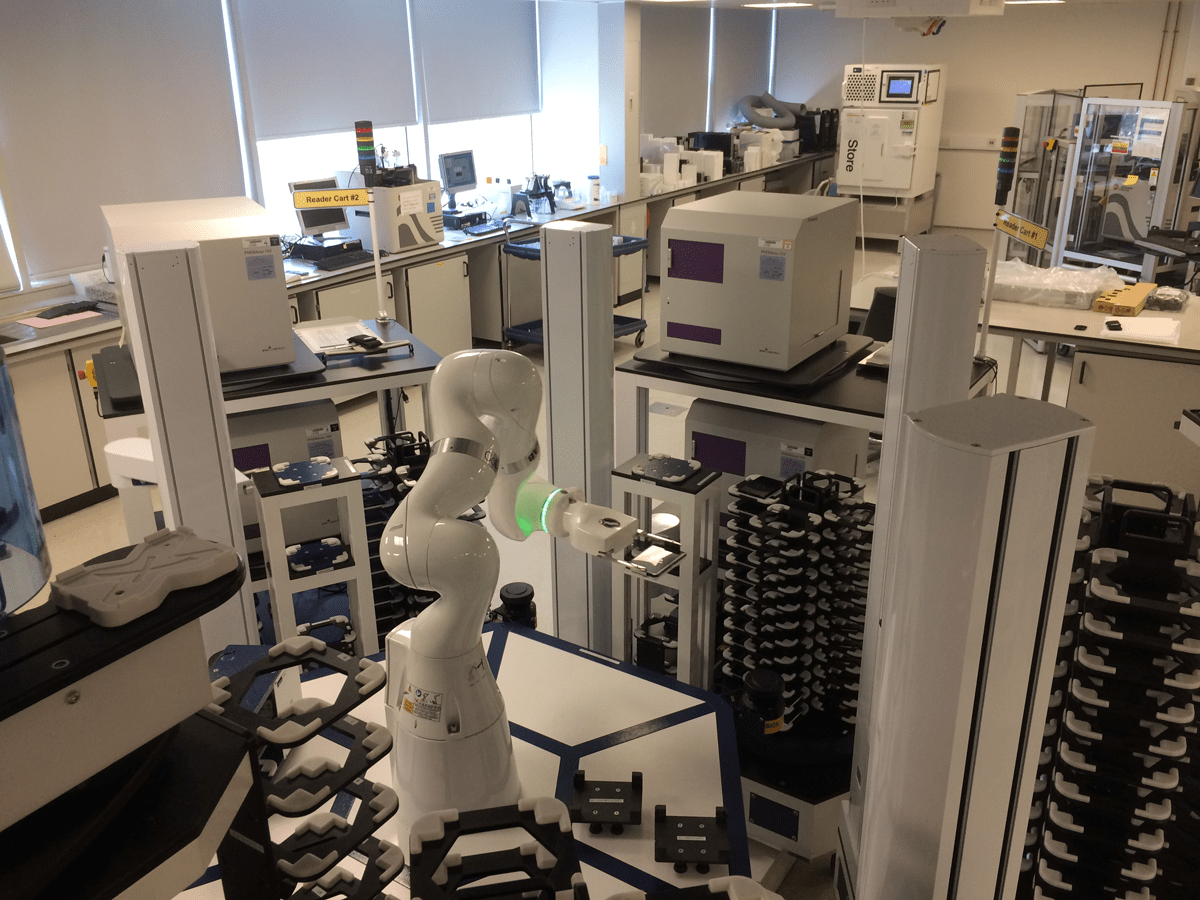 Fig. 5: 4 PHERAstar FSX plate readers integrated in a HighRes Biosolutions modular robotic workstation at AstraZeneca UK.