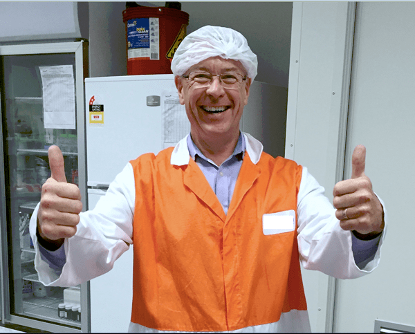 Fig. 1: Dr Stephen Trowell, somewhat pleased with the team’s results after completing the first factory trial of biosensors for milk proteases.